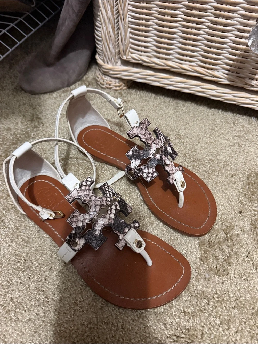 Tory Burch White Leather Thong Sandals with Snake-Print Logo